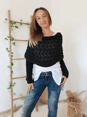 Autumn & Winter Warm Knitted Shawl – Hollowed-Out Double Sleeve Collar