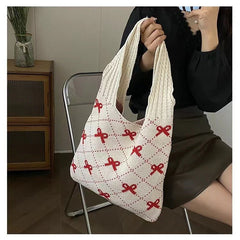 Bow High Sense Knitted Woven Shoulder Bag