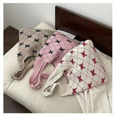 Bow High Sense Knitted Woven Shoulder Bag