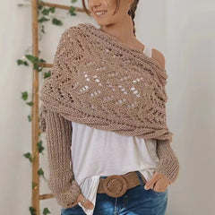 Autumn & Winter Warm Knitted Shawl – Hollowed-Out Double Sleeve Collar